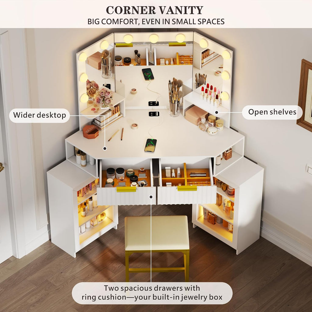 Vanity Desk with Charging Station & LED Lights Mirror – Corner Design HD Triple Mirror Makeup Vanity Table Set with Storage Drawers & Chair for Living Room/Bedroom Ideal Gift (White)