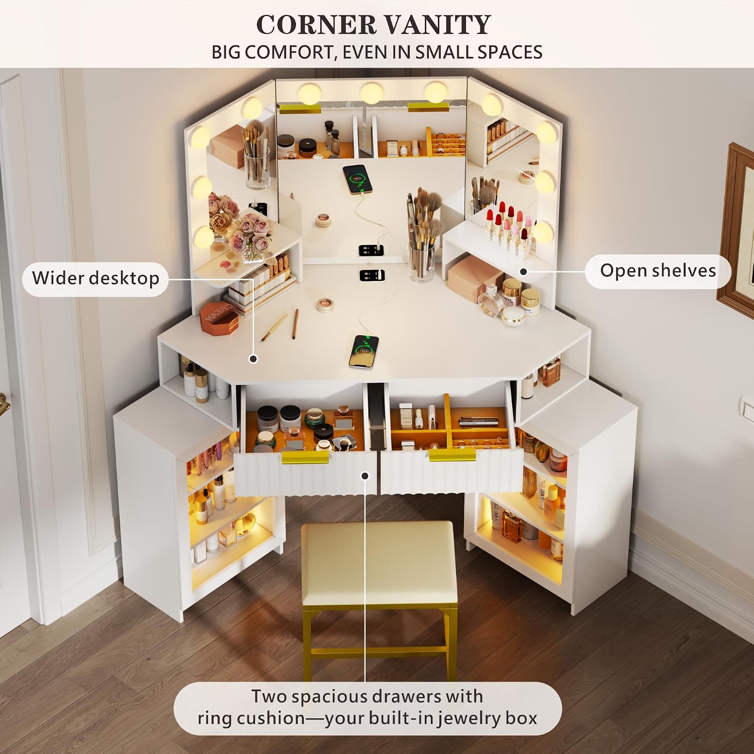 Vanity Desk with Charging Station & LED Lights Mirror – Corner Design HD Triple Mirror Makeup Vanity Table Set with Storage Drawers & Chair for Living Room/Bedroom Ideal Gift (White)