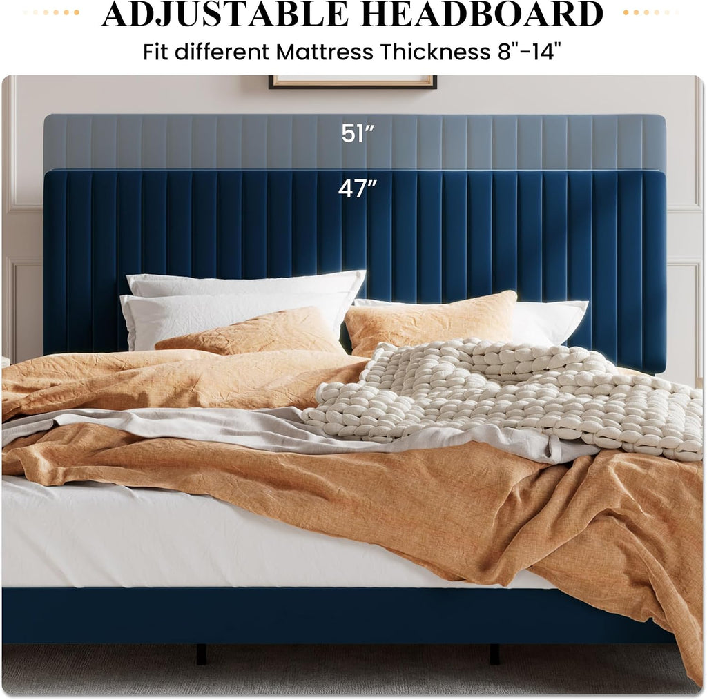 SHA CERLIN King Upholstered Platform Bed Frame with Vertical Channel Tufted Velvet Fabric Adjustable Headboard, Wooden Slats Support, Mattress Foundation, Box Spring Optional, Blue