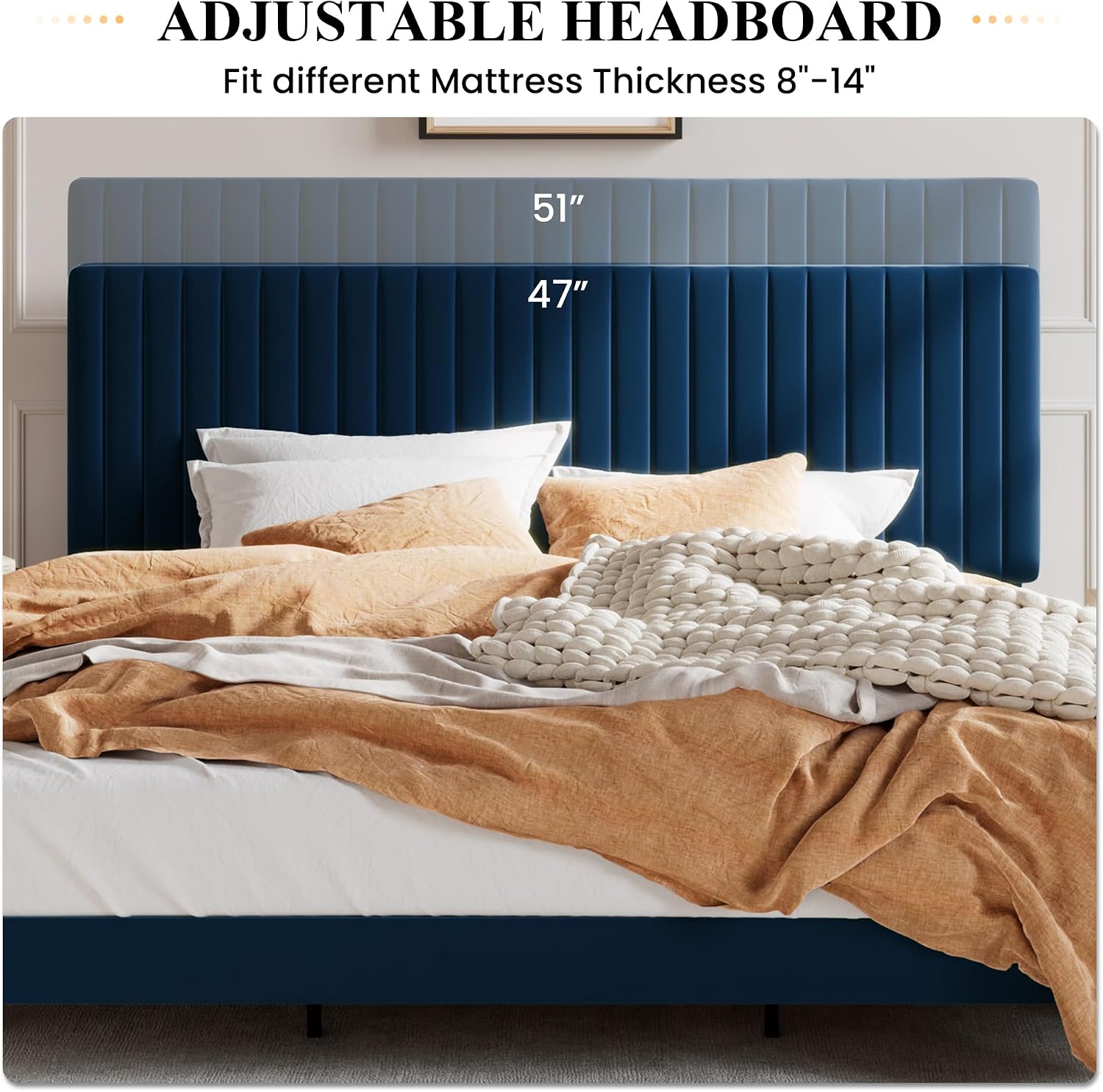 SHA CERLIN King Upholstered Platform Bed Frame with Vertical Channel Tufted Velvet Fabric Adjustable Headboard, Wooden Slats Support, Mattress Foundation, Box Spring Optional, Blue
