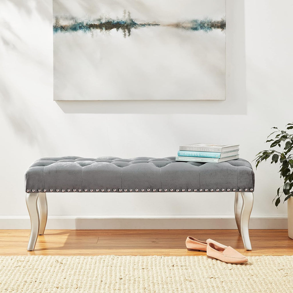 Roundhill Furniture Decor Maxem Tufted Fabric Upholstered Seat with Nailhead Trim Bench, Gray