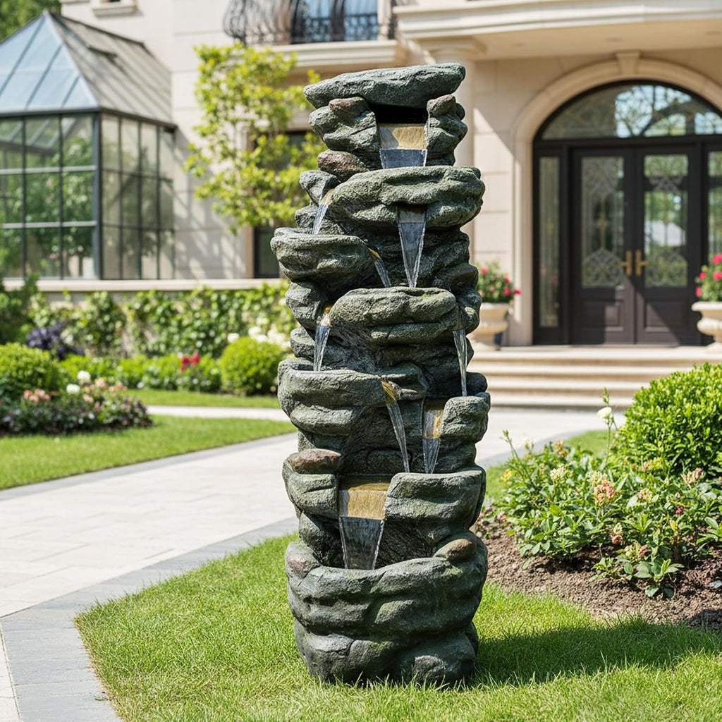 Naturefalls 51' Extra Large Outdoor Water Fountain - Waterfall Fountain with 7 LED Lights, 7-Tiers Cascading, Poly-Resin Indoor and Outdoor Fountain for Garden, Patio, Backyard, Lawn, Yard Decor