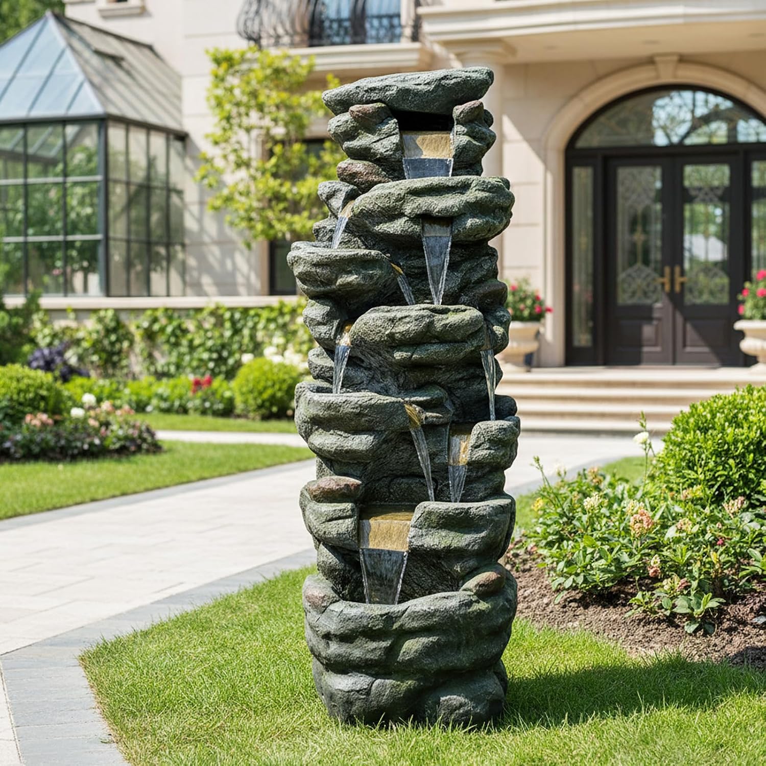 Naturefalls 51' Extra Large Outdoor Water Fountain - Waterfall Fountain with 7 LED Lights, 7-Tiers Cascading, Poly-Resin Indoor and Outdoor Fountain for Garden, Patio, Backyard, Lawn, Yard Decor