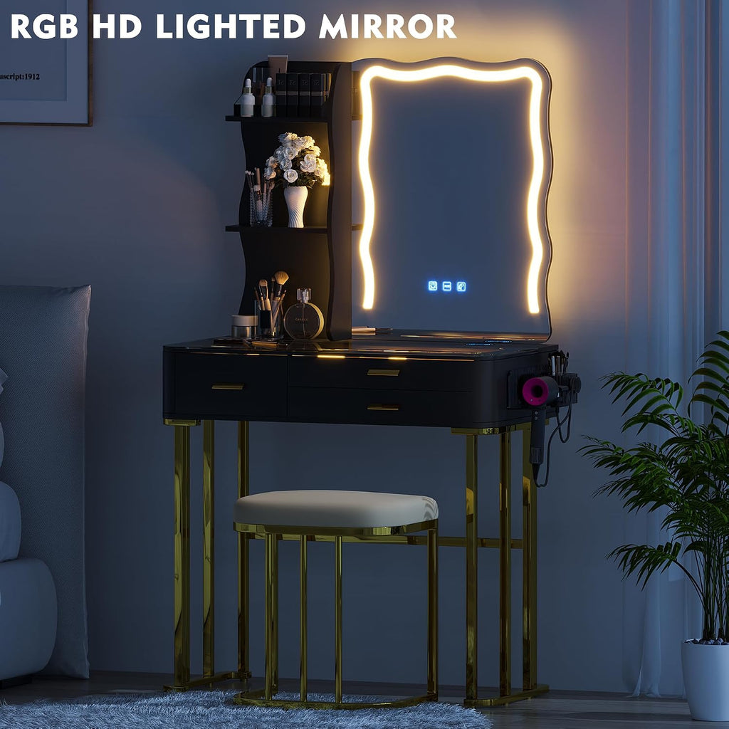 RGB Makeup Vanity Desk with Wireless Charging Station,7 Dynamic and 7 Static Dimmable Vanity Table with Visible Glass Top,Auto Sensor LED Make up Vanity with Mirror and Lights,Stool