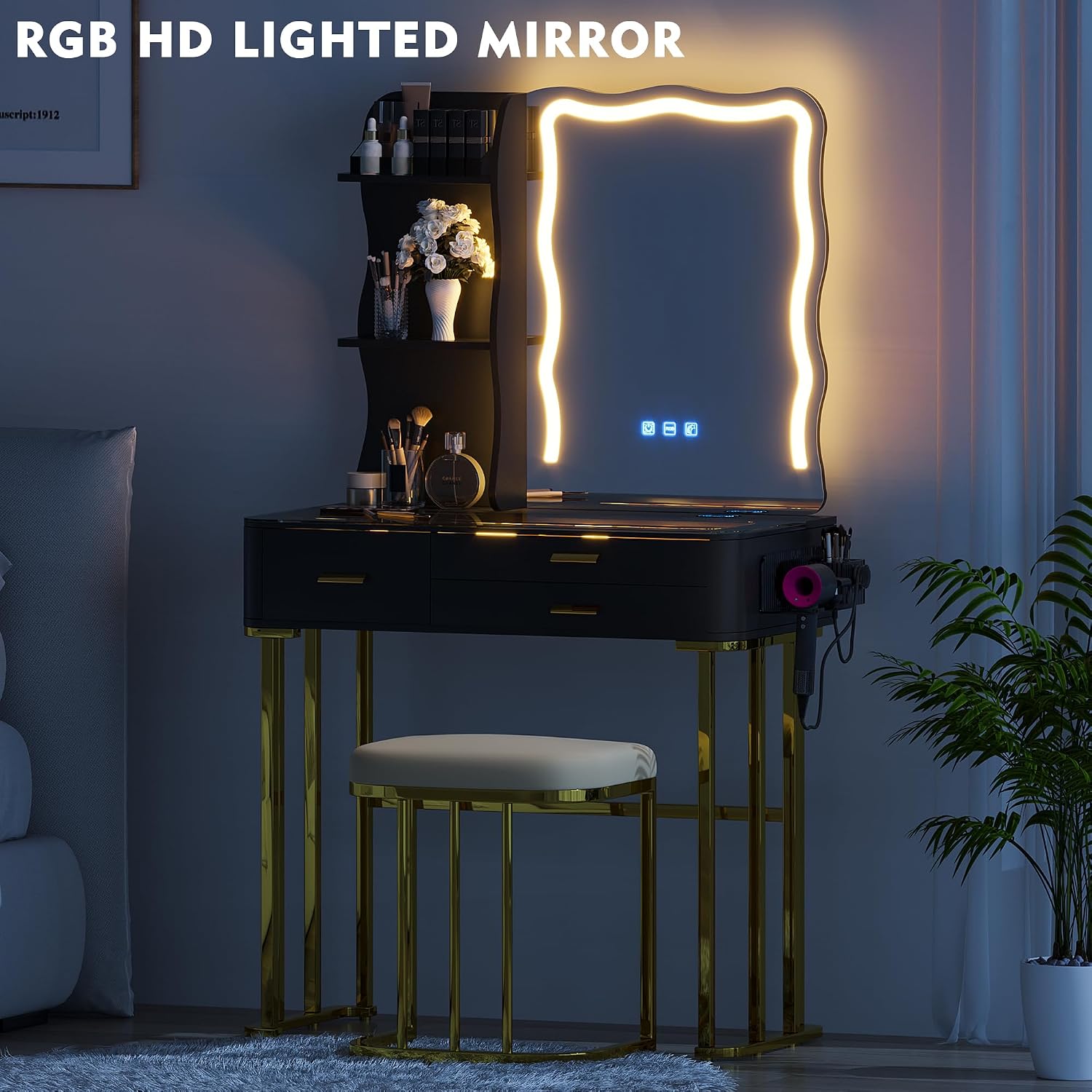 RGB Makeup Vanity Desk with Wireless Charging Station,7 Dynamic and 7 Static Dimmable Vanity Table with Visible Glass Top,Auto Sensor LED Make up Vanity with Mirror and Lights,Stool