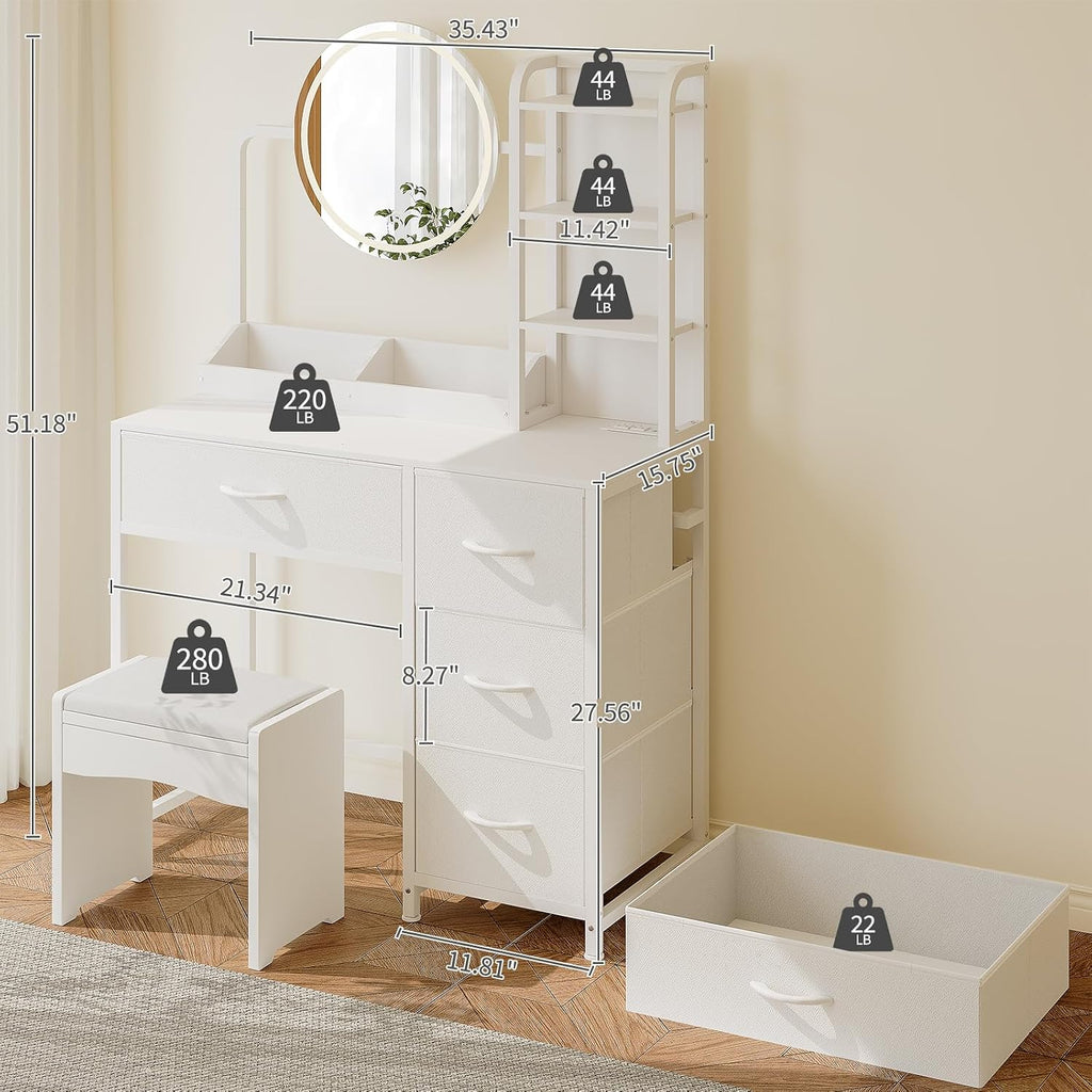 Patikuin Makeup Vanity with LED Mirror & Power Outlet, Small Dressing Table Set with Drawers & Shelves, Vanity Desk for Bedroom Beauty Corner