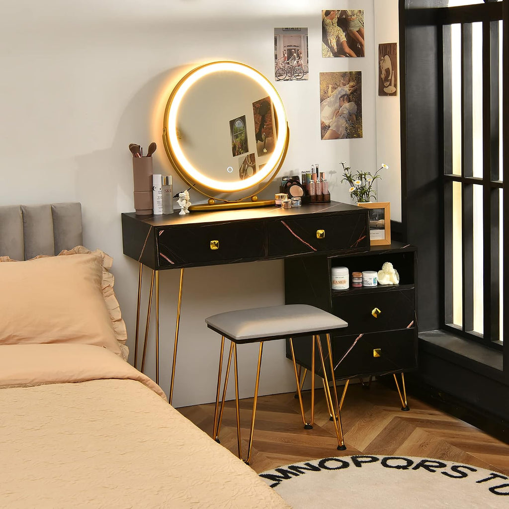 DORTALA Vanity Set, Wooden Makeup Dressing Table with 3 Colors Lighted Mirror & Stool, Left or Right Side Cabinet, Lipstick Storage Box, Large Storage Drawers, Bedroom Vanity Desk Set for Girls, Black