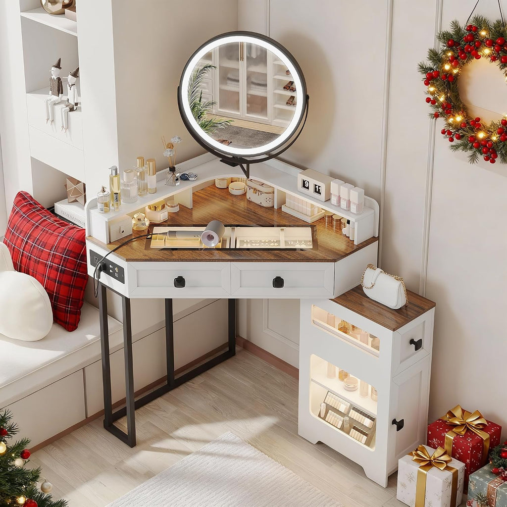 FREDEES Corner Vanity with Mirror and Lights,Modern Makeup Vanity Set with Charging Station for Bedroom/Cloakroom,Glass Top Vanity Table with Drawers and Shelves,White