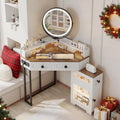 FREDEES Corner Vanity with Mirror and Lights,Modern Makeup Vanity Set with Charging Station for Bedroom/Cloakroom,Glass Top Vanity Table with Drawers and Shelves,White