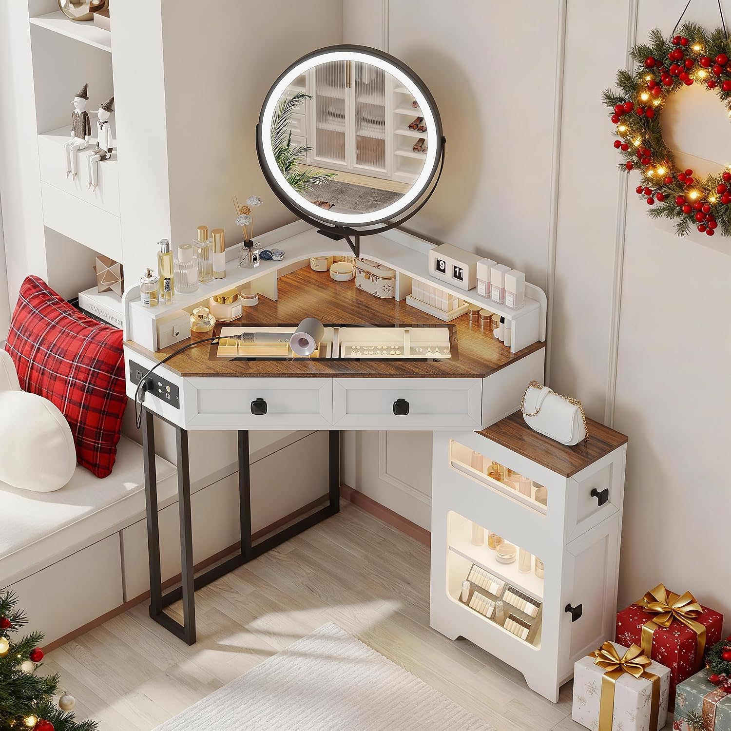 FREDEES Corner Vanity with Mirror and Lights,Modern Makeup Vanity Set with Charging Station for Bedroom/Cloakroom,Glass Top Vanity Table with Drawers and Shelves,White