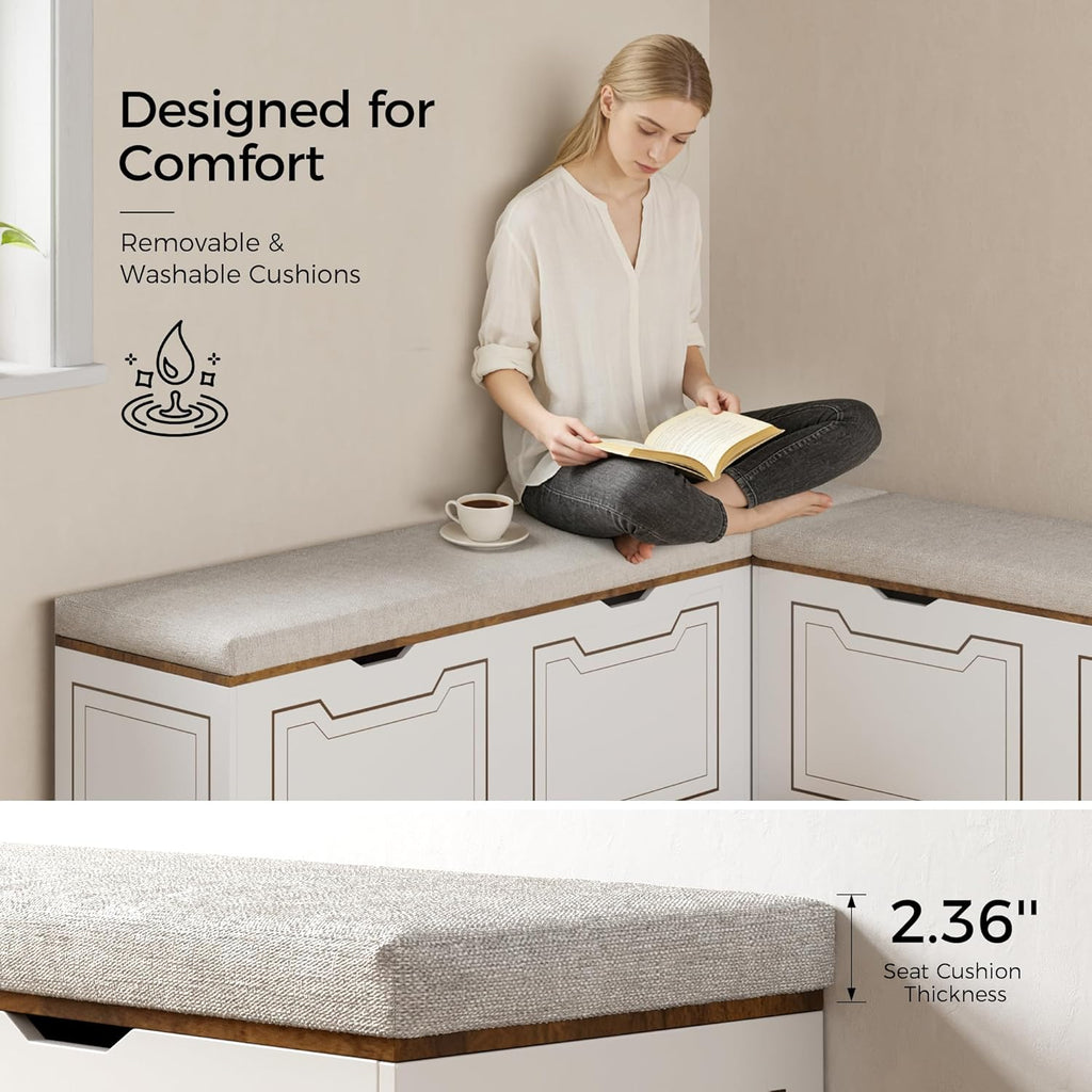 L Shaped Corner Bench with Storage, Breakfast Nook Bench, 63' L-Shaped Kitchen Nook Seating, Hidden Flip-Top Storage Compartments for Entryway, Dining Room, Hallway, Cloakroom, w/Grey Cushion