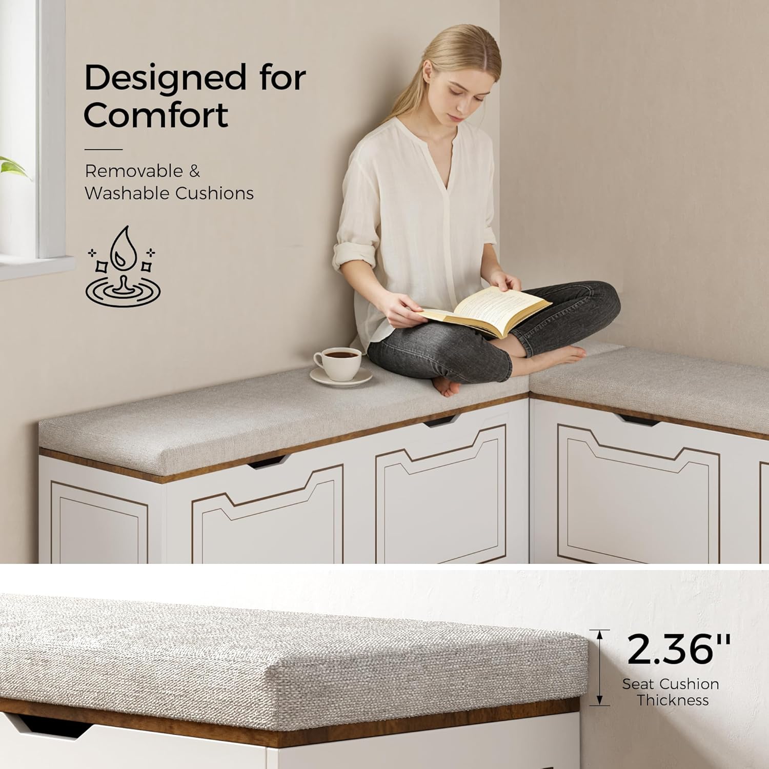 L Shaped Corner Bench with Storage, Breakfast Nook Bench, 63' L-Shaped Kitchen Nook Seating, Hidden Flip-Top Storage Compartments for Entryway, Dining Room, Hallway, Cloakroom, w/Grey Cushion