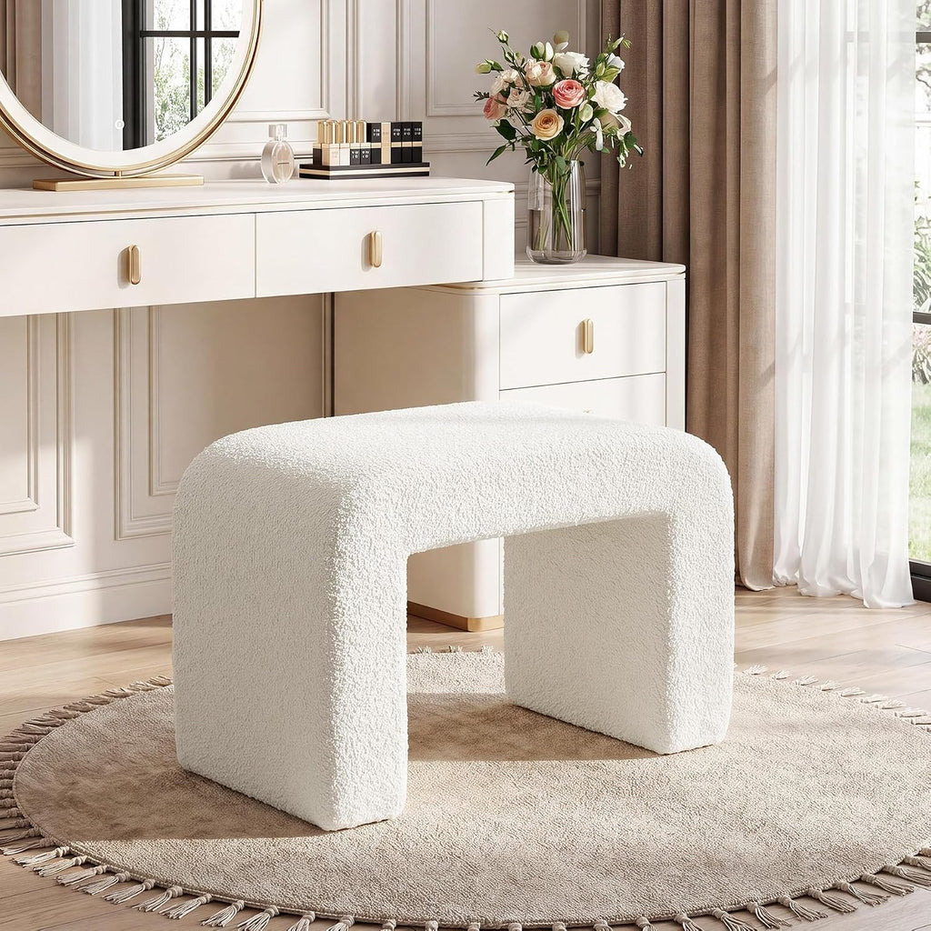 Tribesigns 2-Pack Vanity Ottoman Stool, Modern Foot Rest for Couch, Large Sherpa Upholstered Foot Stool Ottoman, Shoe Bench for Entryway, Extra Seating for Living Room, Bedroom, No Assembly, White