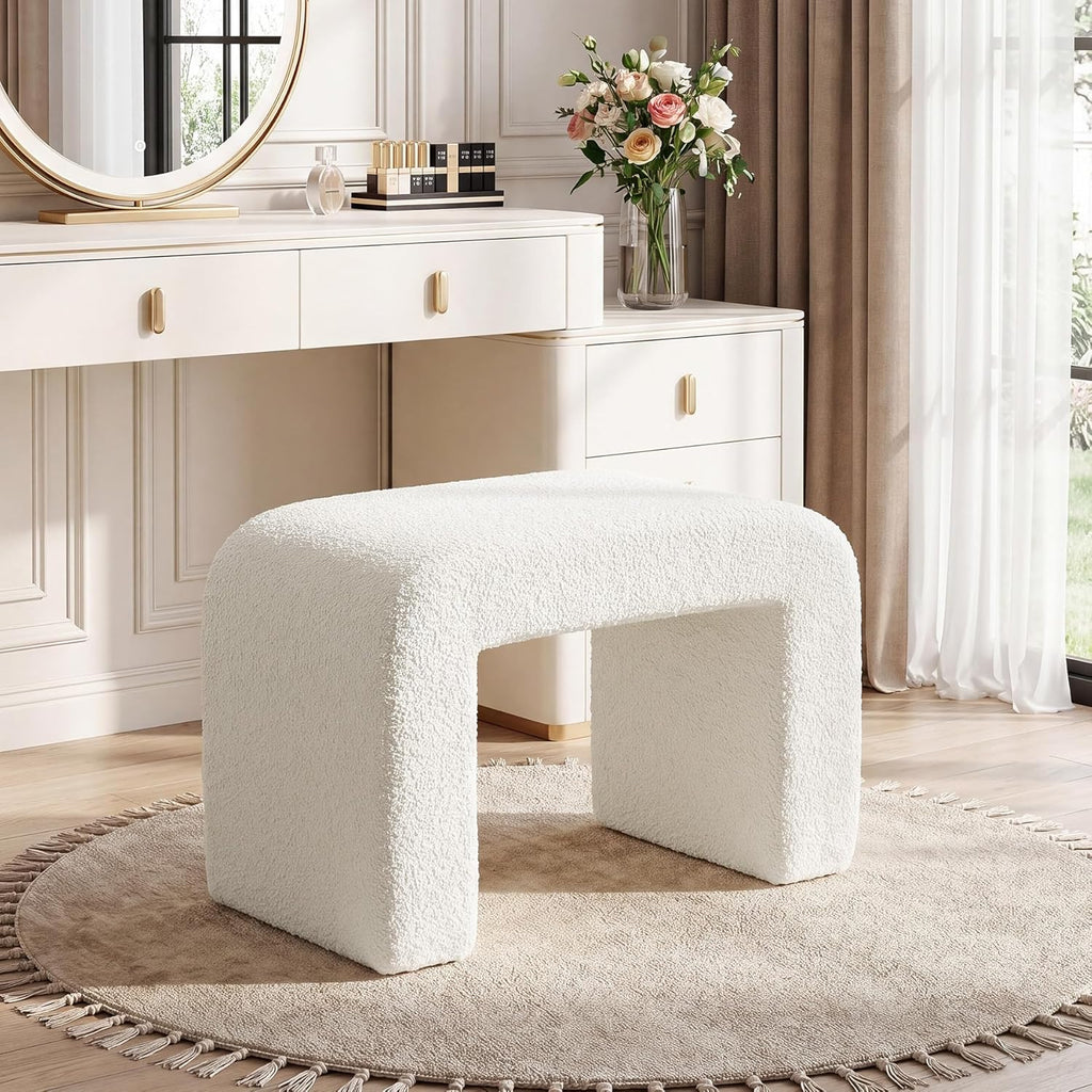 Tribesigns Ottoman Stool for Vanity, Modern Foot Rest for Couch, Large Sherpa Upholstered Foot Stool Ottoman, Arched Shoe Bench for Entryway, Extra Seating for Living Room, Bedroom, No Assembly, White