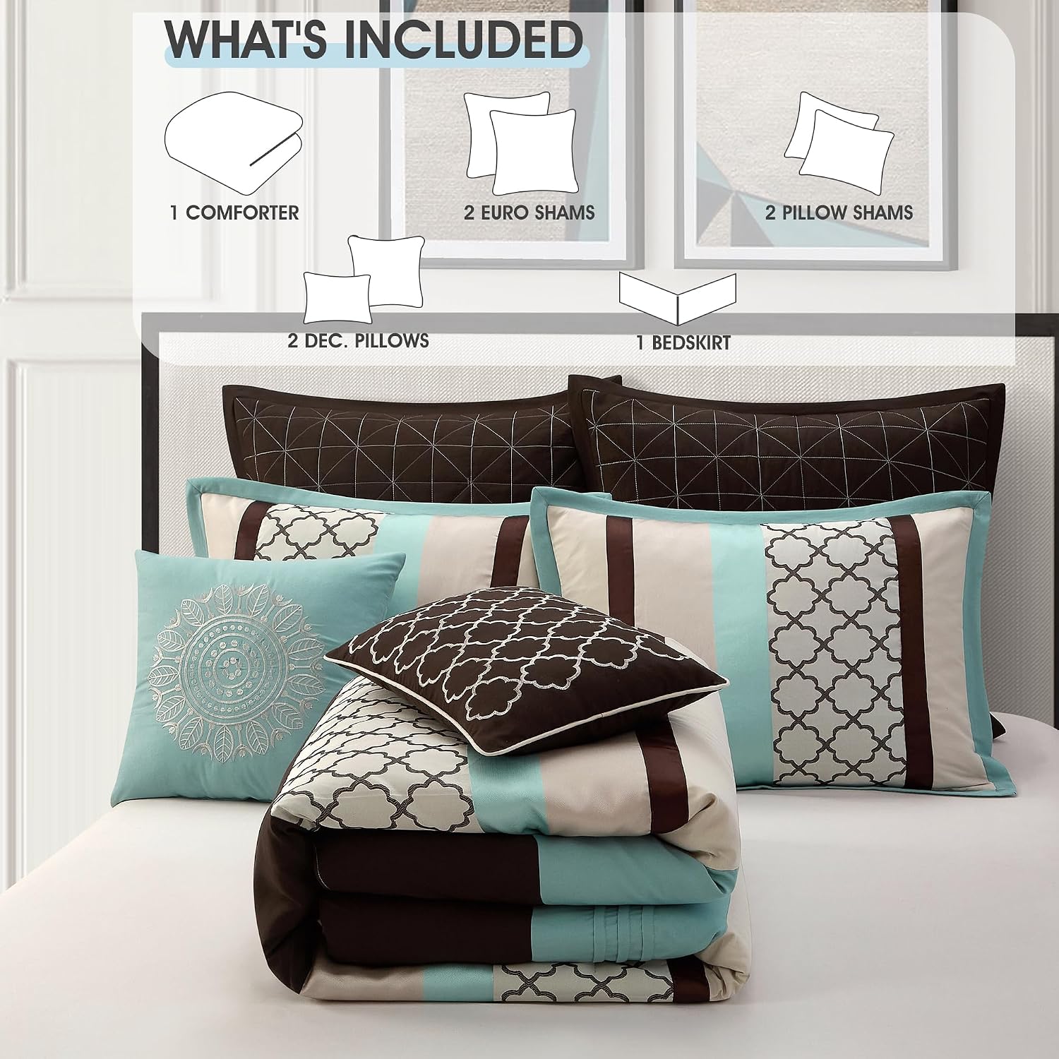 LANCO MODERN LIFESTYLE King Comforter Set, Aqua Brown Bedding Set, Jacquard Woven with Embroidery, 8 Pieces Bed in a Bag, Bed Skirt, Shams and Decorative Pillows