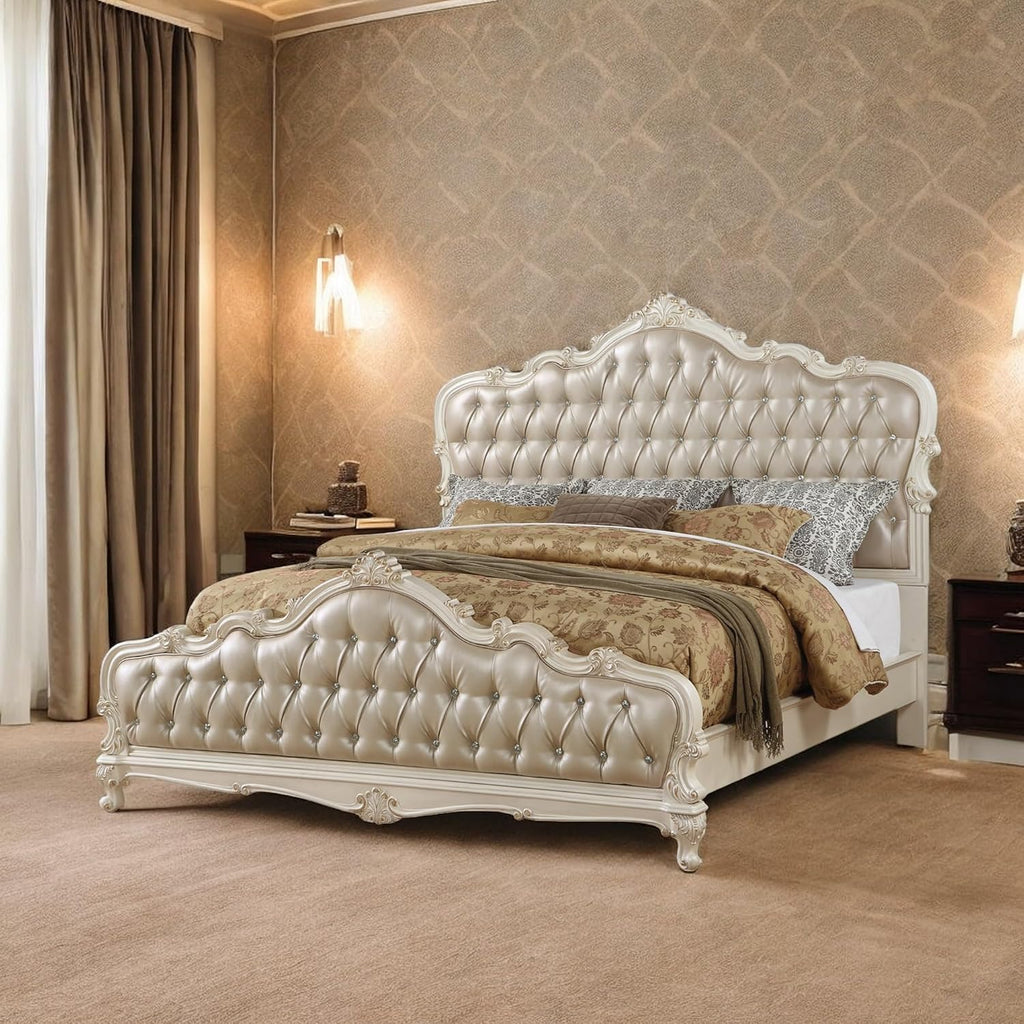 Acme Chantelle Tufted Faux Leather California King Bed in Rose Gold/White