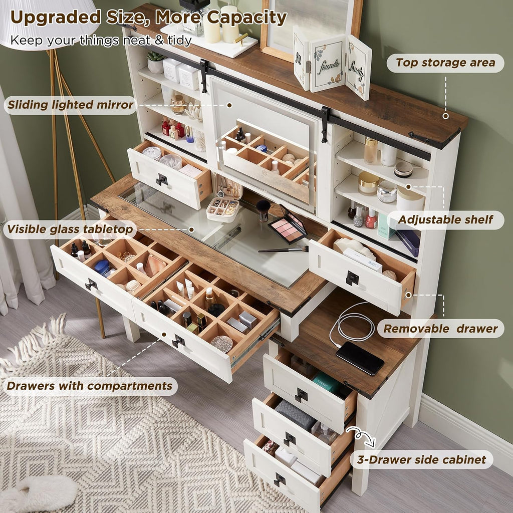 T4TREAM 48'' Farmhouse Makeup Vanity Desk with Sliding HD Mirror and Lights, Big Modern Lighted Vanity Table with 7 Drawers & Shelves, Rustic Large Dressing Table, Antique White