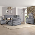 Modern Bedroom Set with Built-in TV Storage & Electric Fireplace - Gray Upholstered 4-Piece Queen Bed Set for Home Office & Small Space Living - Complete Bed Frame Dresser Nightstand Mirror Se