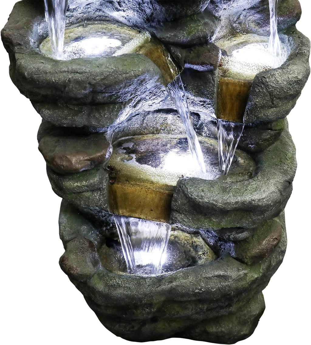 SunJet 51' High Multi-Tiers Cascading Rock Outdoor Water Fountain with LED Lights - Large Outdoor Resin Fountains and Waterfalls for Garden or Patio, Yard, Deck Decor, Featuring Natural Stone Look