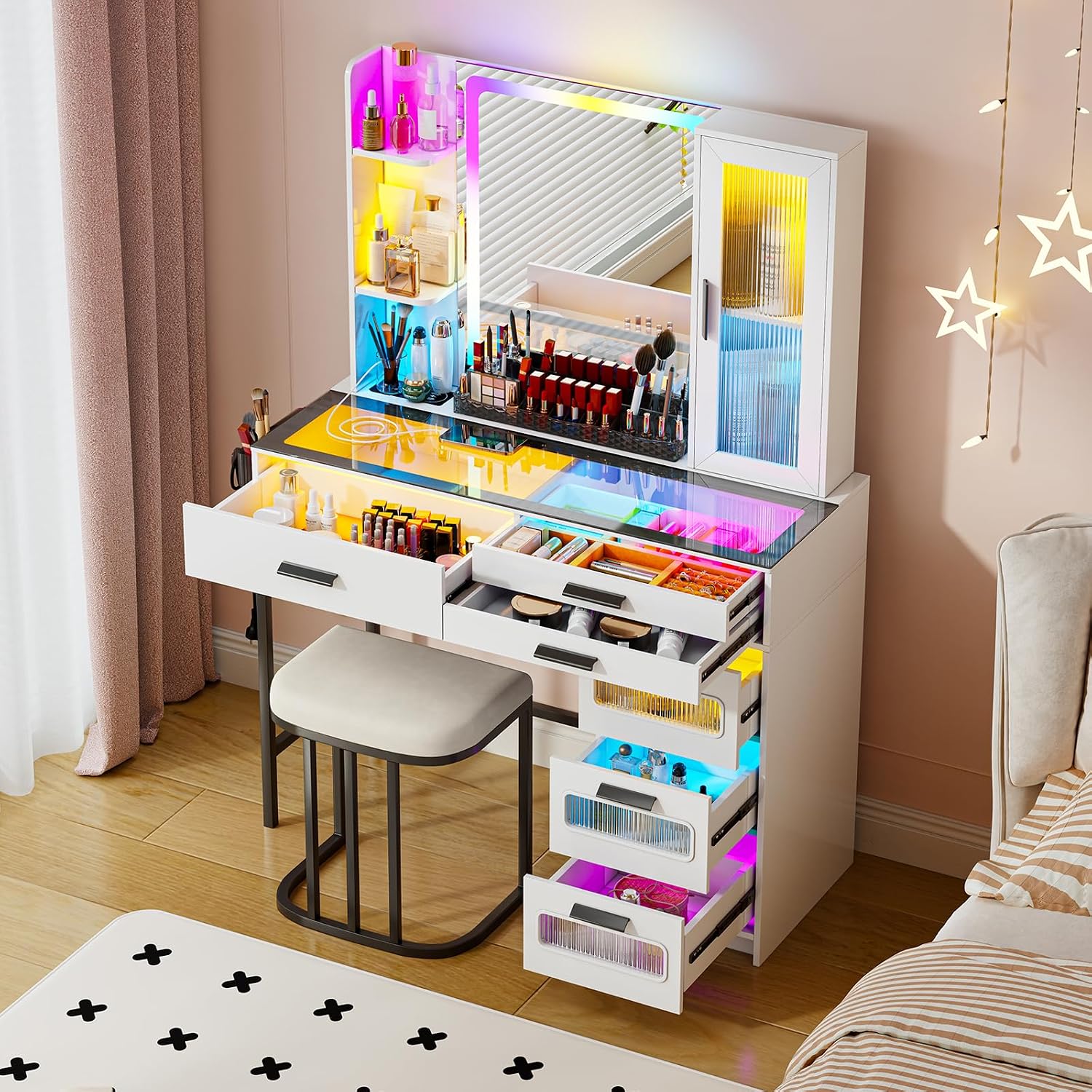 White Makeup Vanity Desk with Mirror and Lights,Vanity Table Set with Charging Station, Dressing Table with RGB Cabinets,Girls Vanity with Makeup Organizer and Drawers