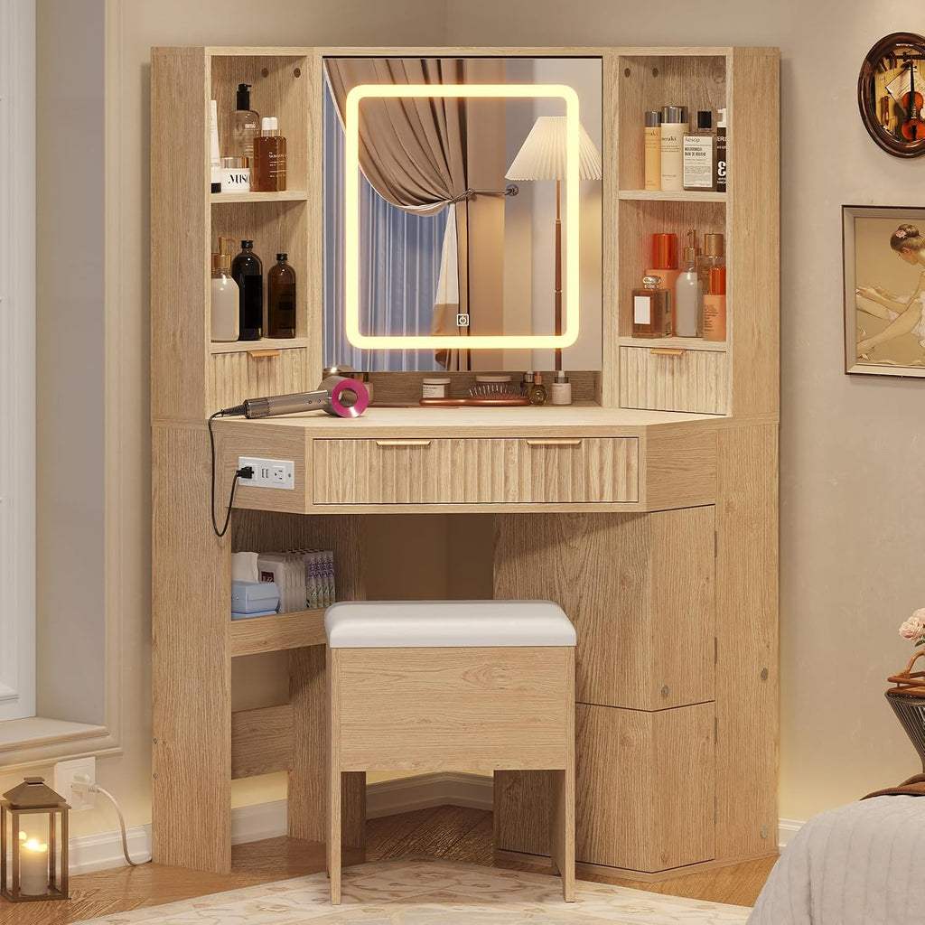 BTHFST Corner Vanity Desk with Lights and Charging Station, Makeup Vanity with Lights, Vanity Set with Mirror and Storage Stool, Makeup Table with Drawers, Rotating Shelves (Natural Oak)