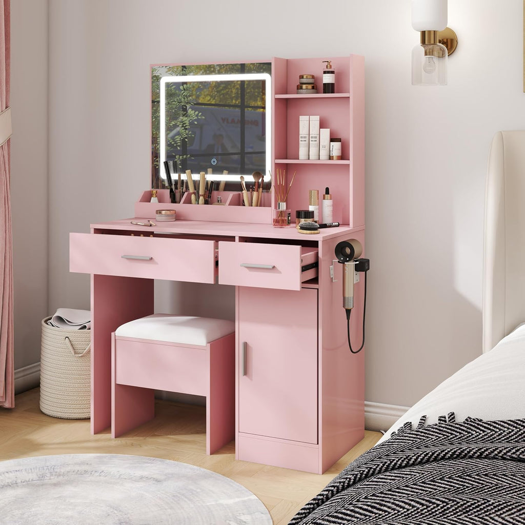 Roundhill Furniture Lavin Makeup Vanity Set, Vanity Desk with Stool, LED Light Mirror and Charging Station, Pink