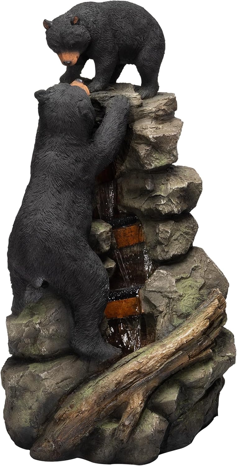 Alpine Corporation 36' Tall Indoor/Outdoor 2 Bears Climbing Rainforest Water Fountain with LED Lights, Cascading Wildlife Water Feature for Garden, Patio, and Home Decor, Brown