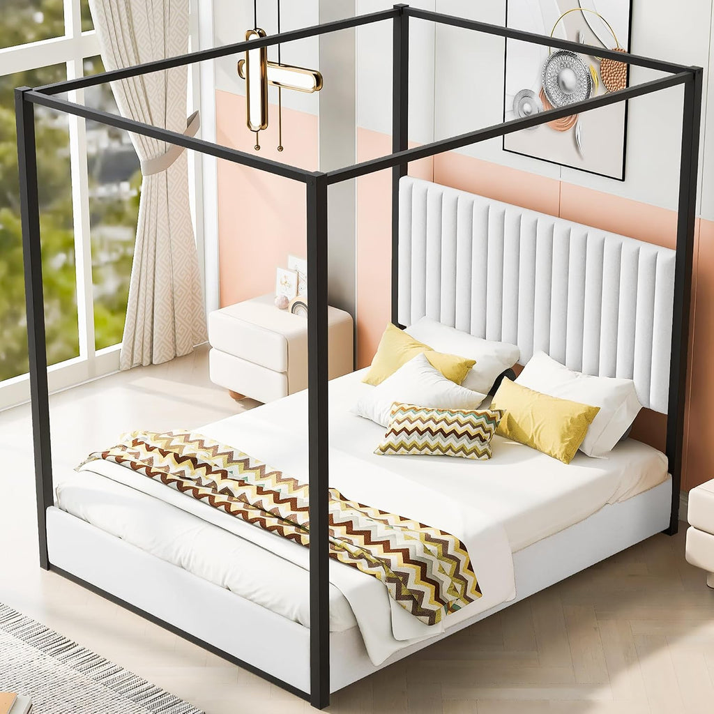 Queen Size 4-Poster Metal Canopy Platform Bed with Upholstered High Backrest Headboard - DIY Canopy Design, Heavy-Duty Metal Frame, Easy Assembly (Black, Queen)
