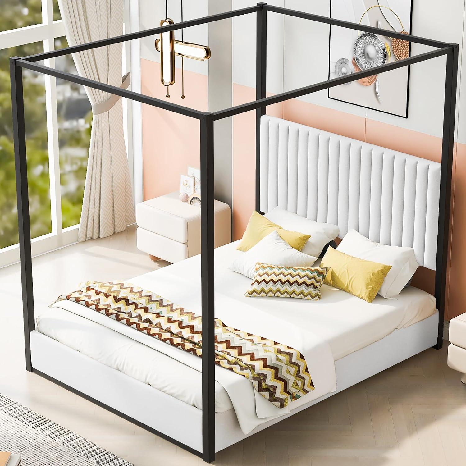 Queen Size 4-Poster Metal Canopy Platform Bed with Upholstered High Backrest Headboard - DIY Canopy Design, Heavy-Duty Metal Frame, Easy Assembly (Black, Queen)
