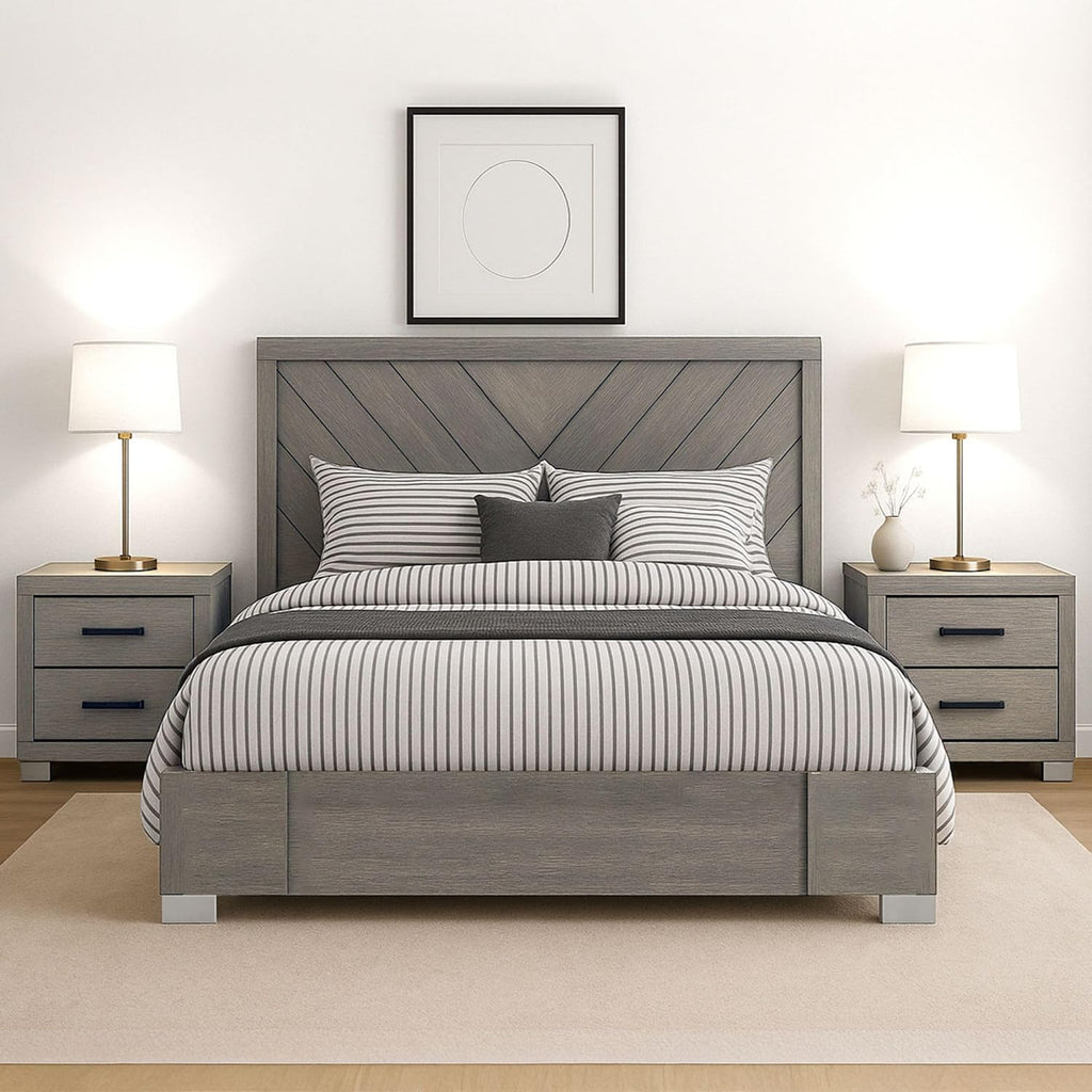 Kings Brand Furniture 3-Piece Oak Gray with Chrome Legs Bedroom Set - Wood Bed Frame with 2 Nightstands (King)