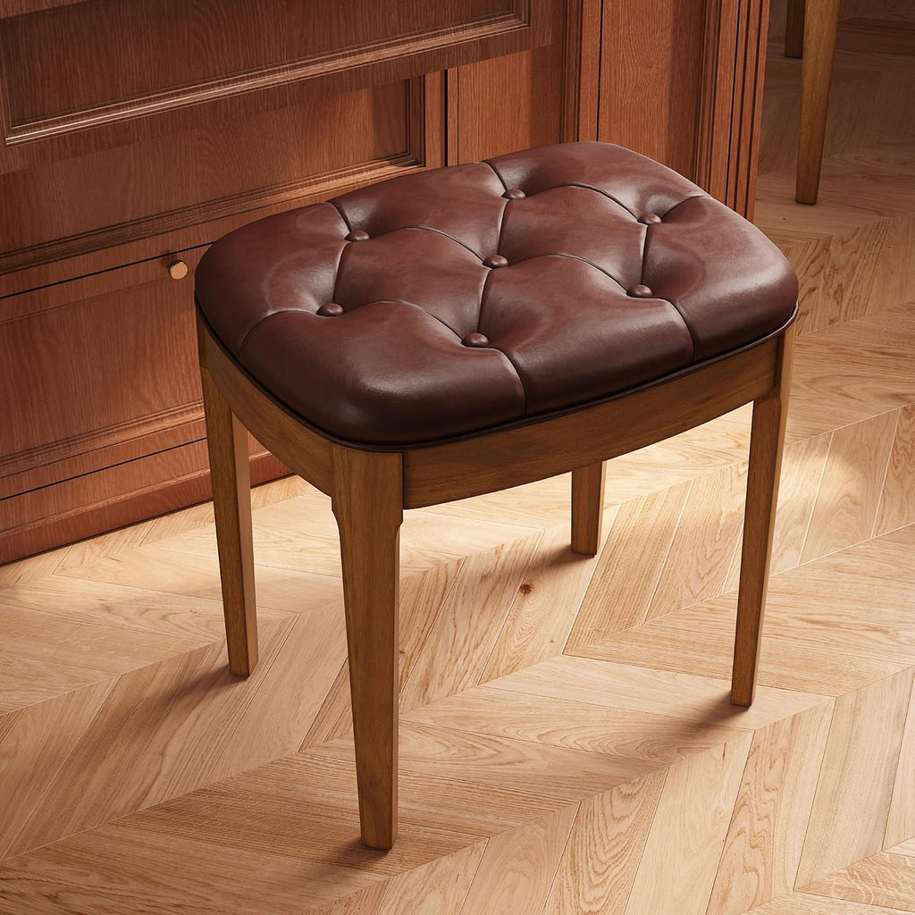 Biaco Small Wood Makeup Vanity Desk Set, Vintage Dressing Vanity Table Set with 2 Drawers & Matching Padded Bench Stool Writing Desk with Button Tufted Cushioned Stool, Cherry&Wine Red