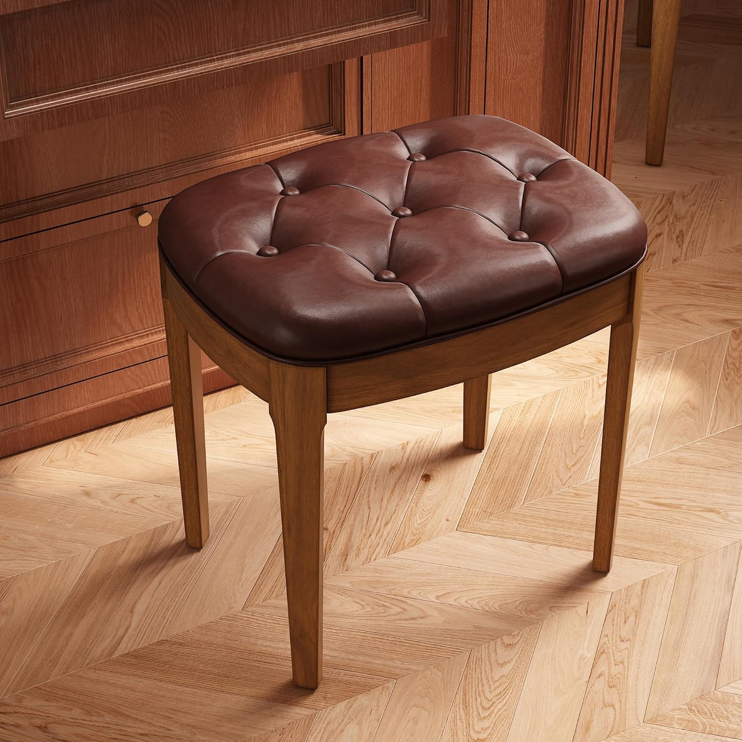 Biaco Small Wood Makeup Vanity Desk Set, Vintage Dressing Vanity Table Set with 2 Drawers & Matching Padded Bench Stool Writing Desk with Button Tufted Cushioned Stool, Cherry&Wine Red
