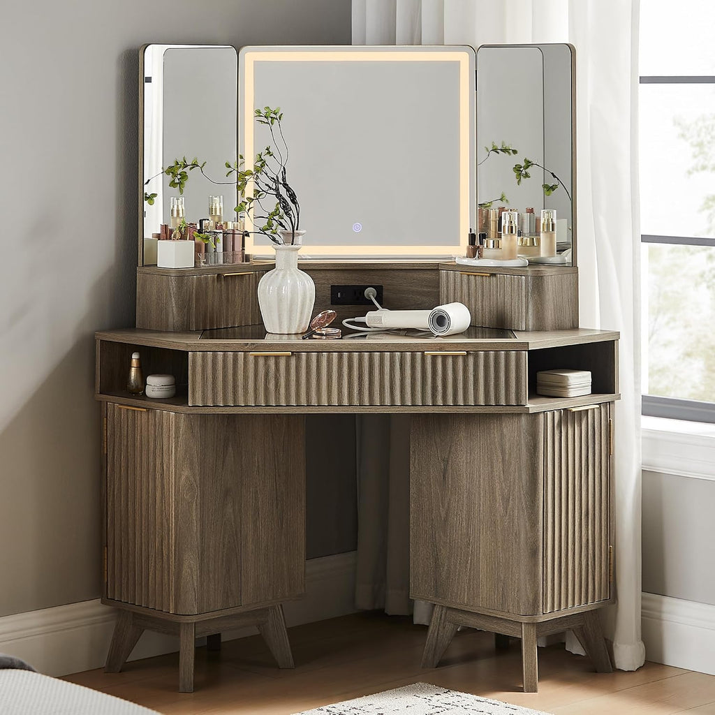 T4TREAM Fluted Makeup Vanity Desk with 3 Way Mirror and Lights, 48' Large Corner Vanity Table with Glass Top, Charging Station, 3 Drawers, Storage Cabinets & Shelves, for Bedroom, Grey Alder