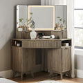 T4TREAM Fluted Makeup Vanity Desk with 3 Way Mirror and Lights, 48' Large Corner Vanity Table with Glass Top, Charging Station, 3 Drawers, Storage Cabinets & Shelves, for Bedroom, Grey Alder
