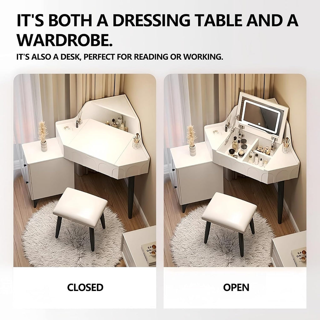 Modern Flip Top Vanity Table with LED Mirror and Drawers, Corner Dresser with Side Storage Cabinet in Small Space, Makeup Desk with Ergonomic Chair(Gray,W/CHR-B)