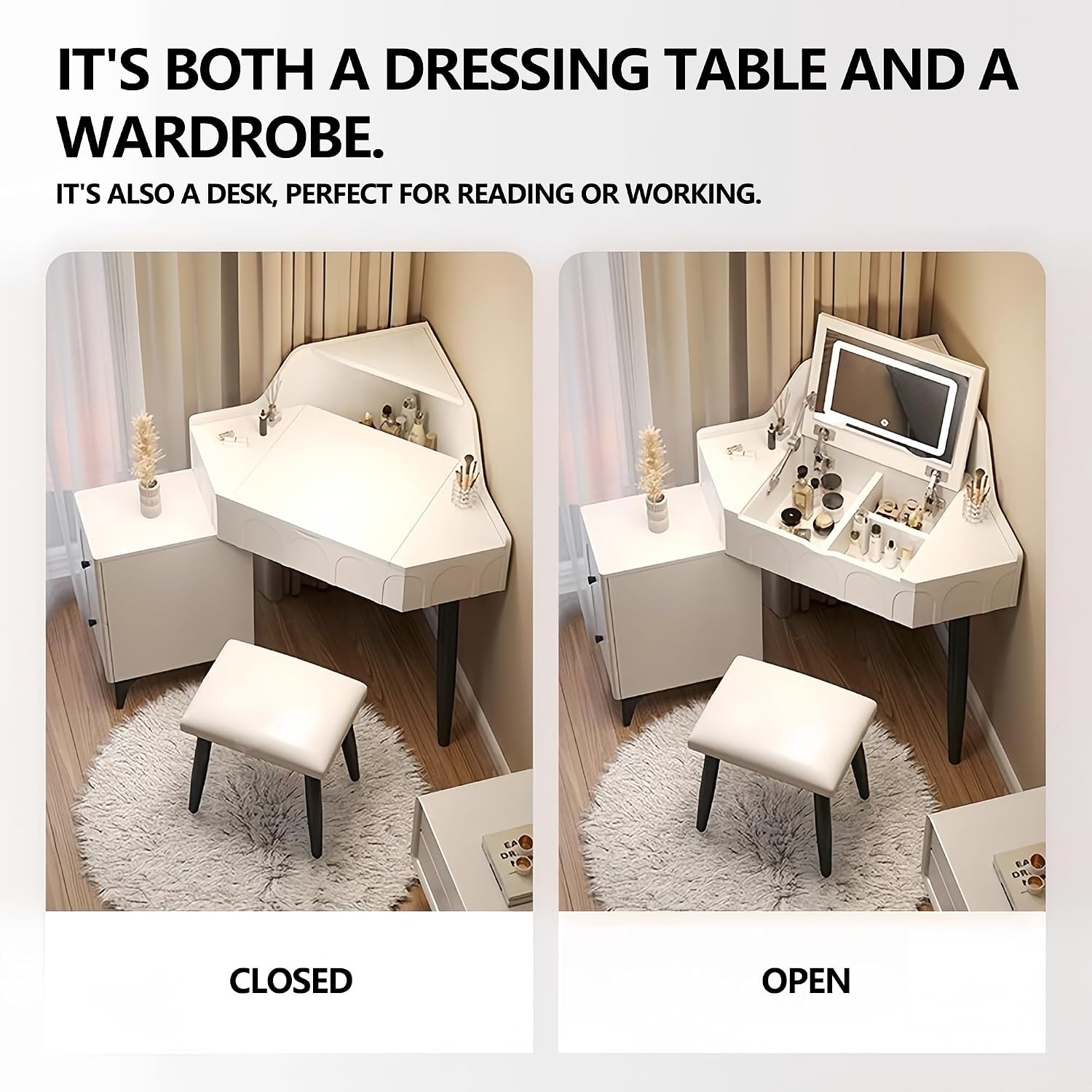 Modern Flip Top Vanity Table with LED Mirror and Drawers, Corner Dresser with Side Storage Cabinet in Small Space, Makeup Desk with Ergonomic Chair(Gray,W/CHR-A)