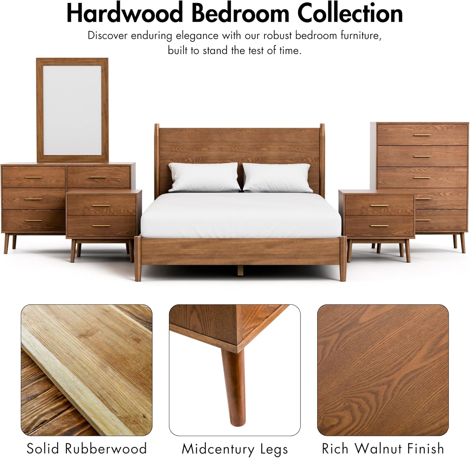 Furniture of America Wyatt Modern Solid Wood King Bed Frame with Headboard, Wooden Bedframe for Bedroom, Guest Room, No Box Spring Needed, Walnut, Standard Platform