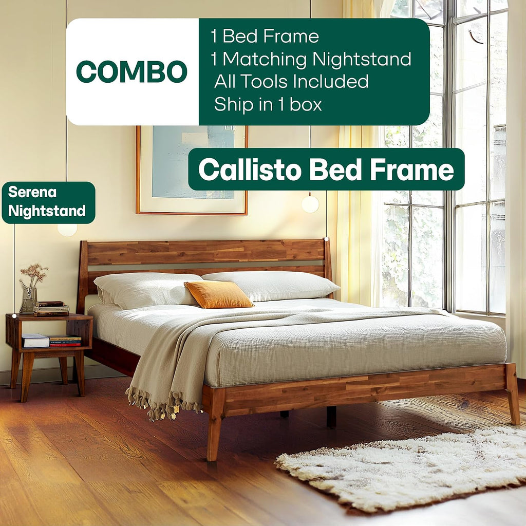 Acacia Callisto Queen Solid Wood Platform Bed Frame with Headboard – Gift Matching Nightstand Included, Mid-Century Modern, Walnut Finish, No Box Spring Needed, Sturdy, Easy Assembly