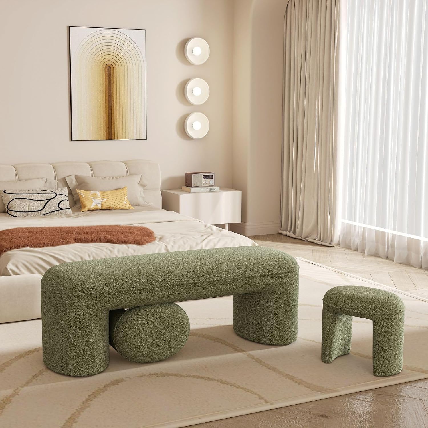 3-Piece Nesting Ottoman Bench Set，53' Long Upholstered End of Bed Bench with 2 15' Foot Stools Chenille Modern Arched Bench Comfy Entry Bench Vanity Stools for Living Room Bedroom, Green