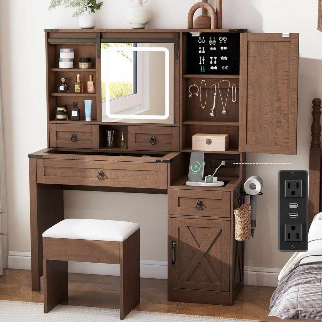 Farmhouse Makeup Vanity Desk with Sliding Mirror and Lights, 42 Wood Vanity Table Set with Glass Top, Power Outlets, Jewelry Storage Cabinet, 4 Drawers, Stool for Country Room Decor, Vintage Cocoa