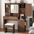 Farmhouse Makeup Vanity Desk with Sliding Mirror and Lights, 42 Wood Vanity Table Set with Glass Top, Power Outlets, Jewelry Storage Cabinet, 4 Drawers, Stool for Country Room Decor, Vintage Cocoa