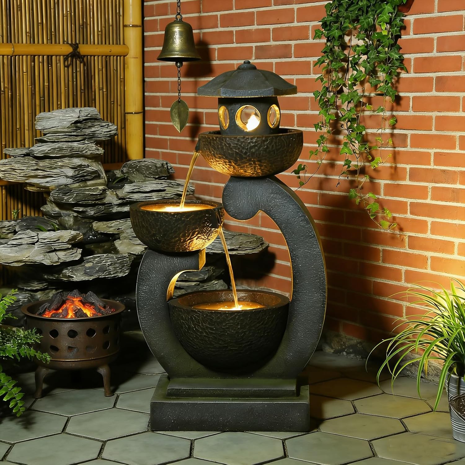 Bumilgar 35.24'H Zen Outdoor Water Fountain Garden, Japanese Lantern Multi-Tier Waterfall Fountain Water Feature with Lights for Patio, Garden & Porch