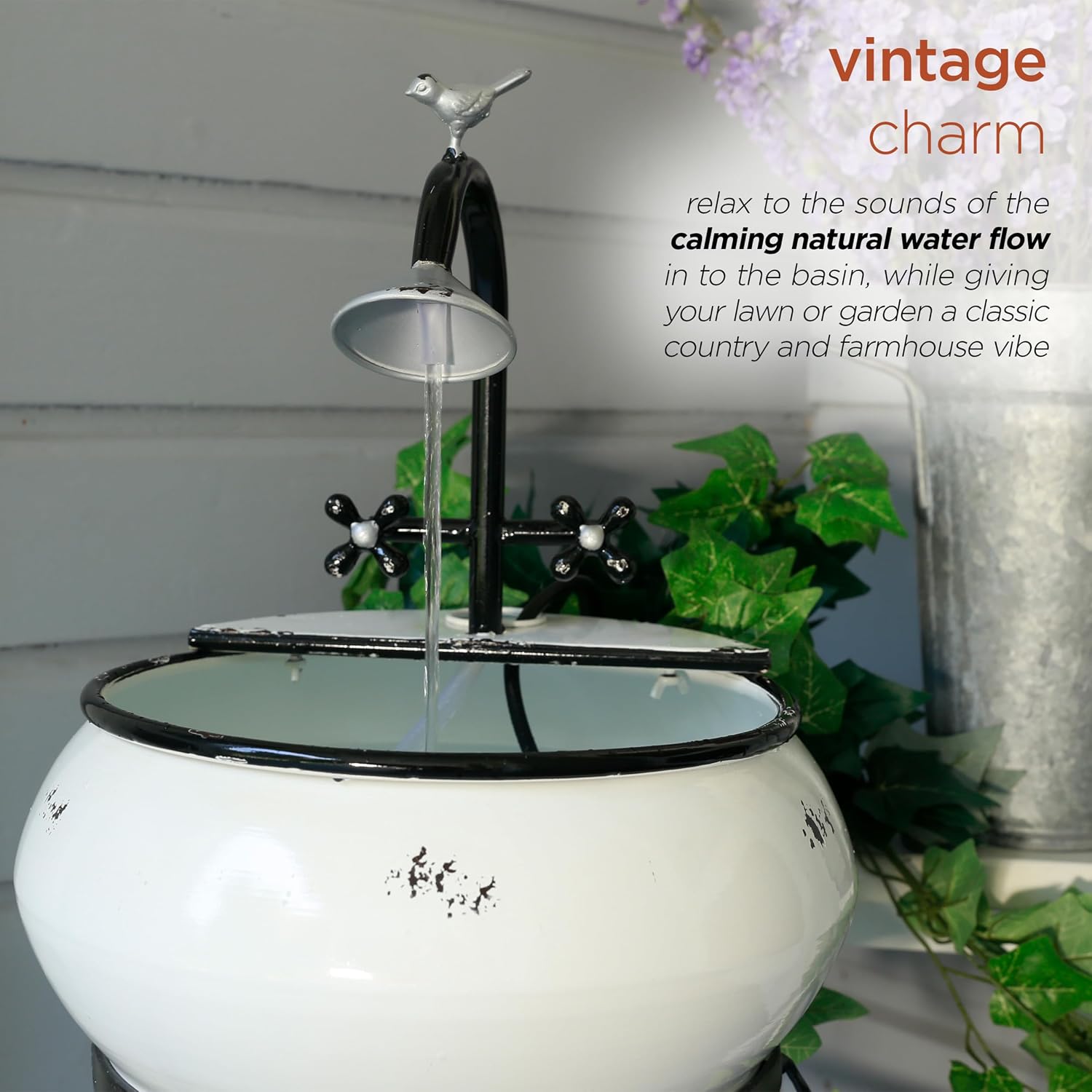 Alpine Corporation YHL170 32' Indoor/Outdoor Antique Metal Sink Water Fountain with Stand – Charming Waterfall Feature for Garden, Patio & Home Decor, White