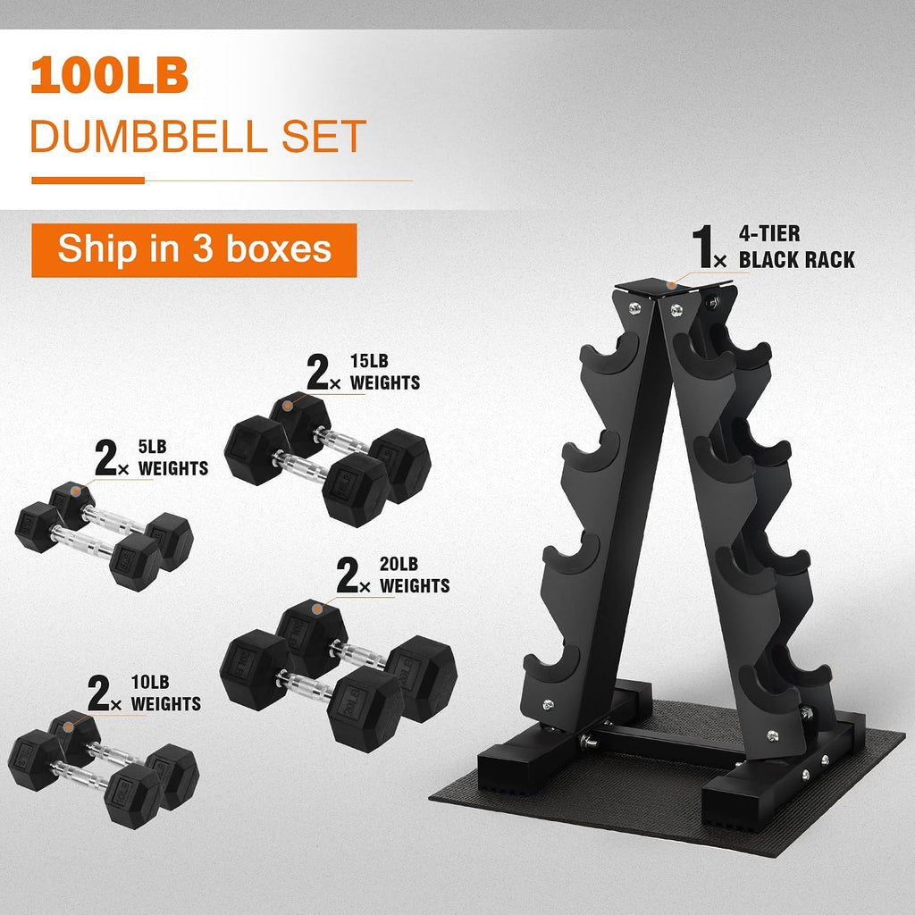 Fitvids Rubber Coated Hex Dumbbell Set with Storage Rack, 100/150/200/550 LB Hand Weight Set with Anti-Slip Grip for Home Gym