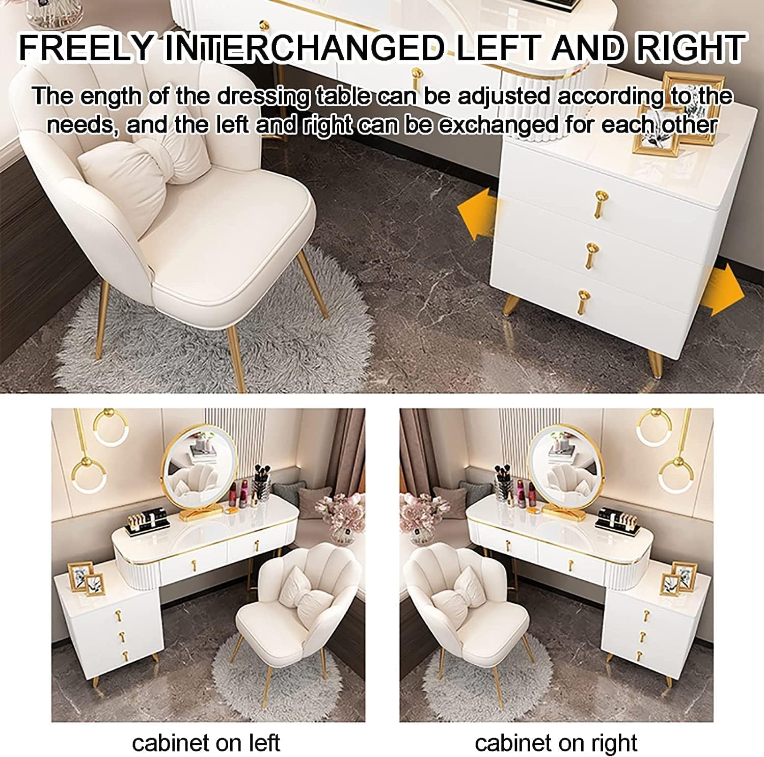 Rieort Vanity Table Led Vanity Mirror Makeup Vanity Set with Cushioned Stool Vanity Benches Stainless Steel Legs Dressing Table