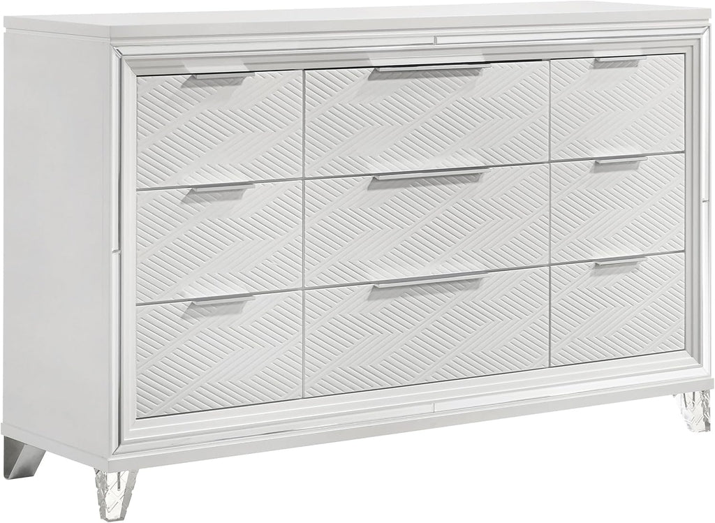 Coaster Home Furnishings Marmore Contemporary 4-Piece Bedroom Set Boucle Upholstered Eastern King Size LED Panel Bed Frame 64-inch Headboard White 224961KE-S4