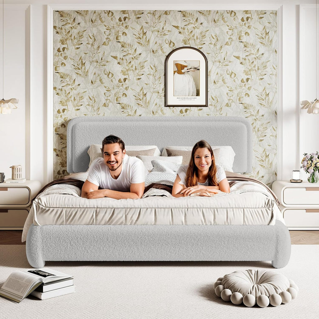 Kelway Upholstered Bed Frame King Size Modern Soft Boucle Bed Frame with Adjustable Heandboard, No Box Spring Needed, Easy Assembly, Light Grey