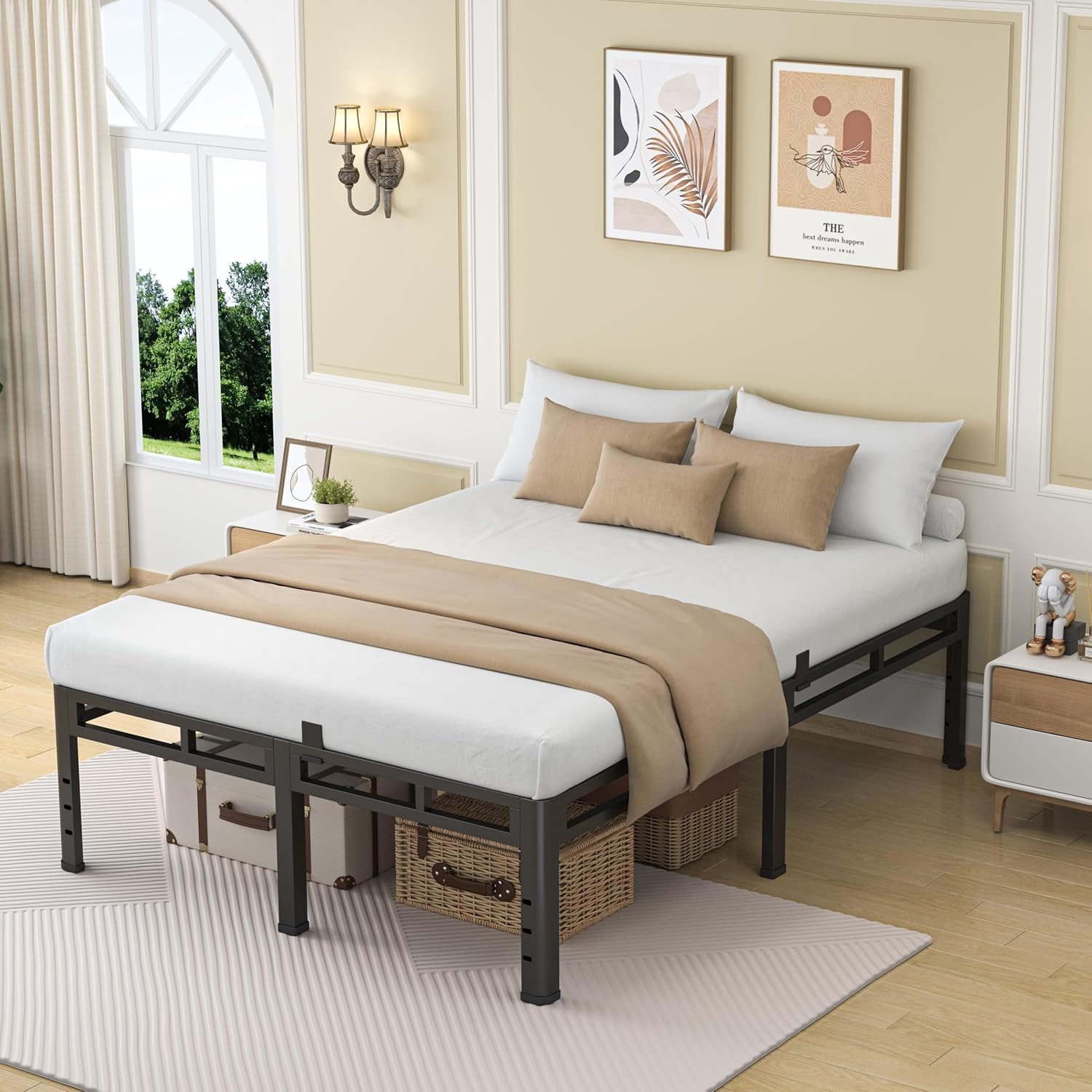 NKZ 18 Inch King Size Bed Frame, Metal Bed Frame & Box Spring 2 in 1 Platform with Round Corner Legs, 4000Lbs Heavy Duty Metal Frame, Mattress Slide Stopper, Headboard Hole, Noise-Free, Easy Assembly