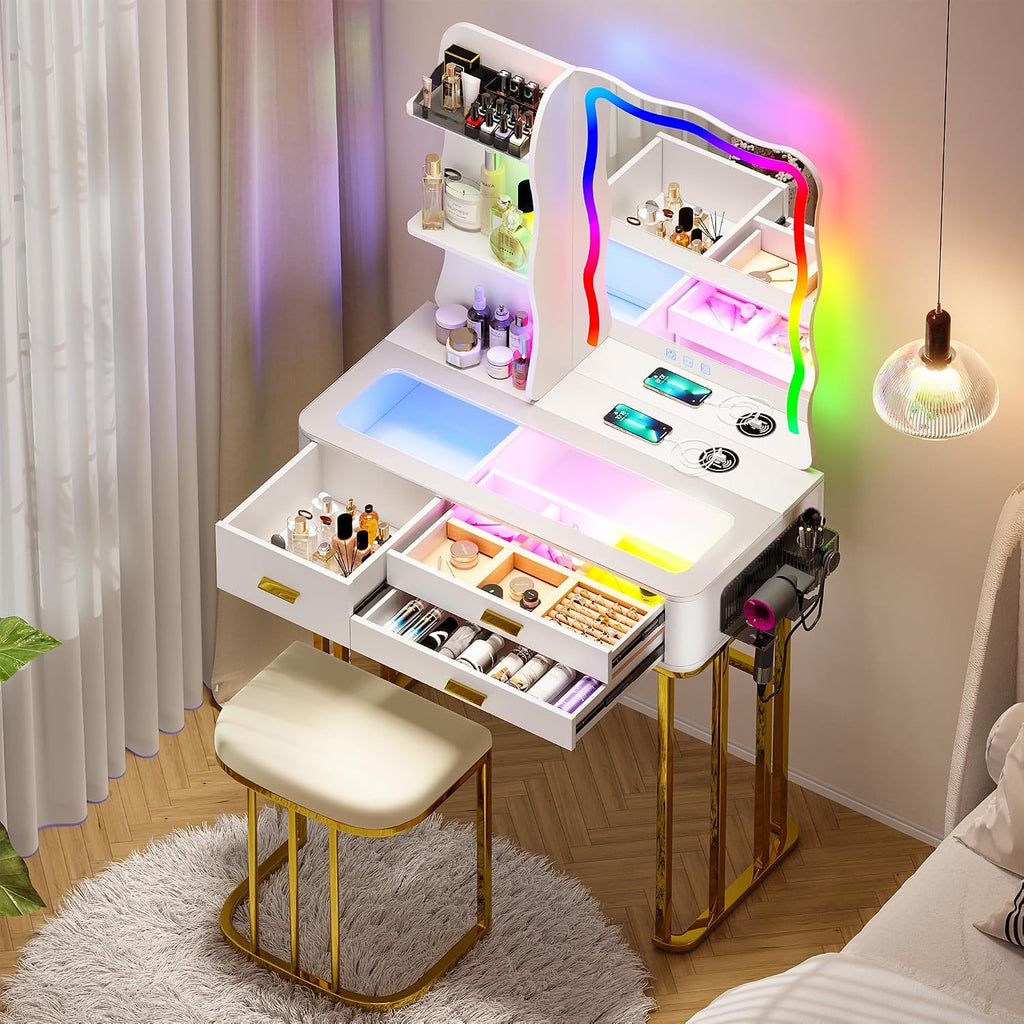 Lvifur RGB Makeup Vanity Desk with Wireless Charging Station,7 Dynamic and 7 Static Dimmable Vanity Table with Visible Glass Top,Auto Sensor Make up Vanity with Mirror and Lights,Stool (White & Gold)