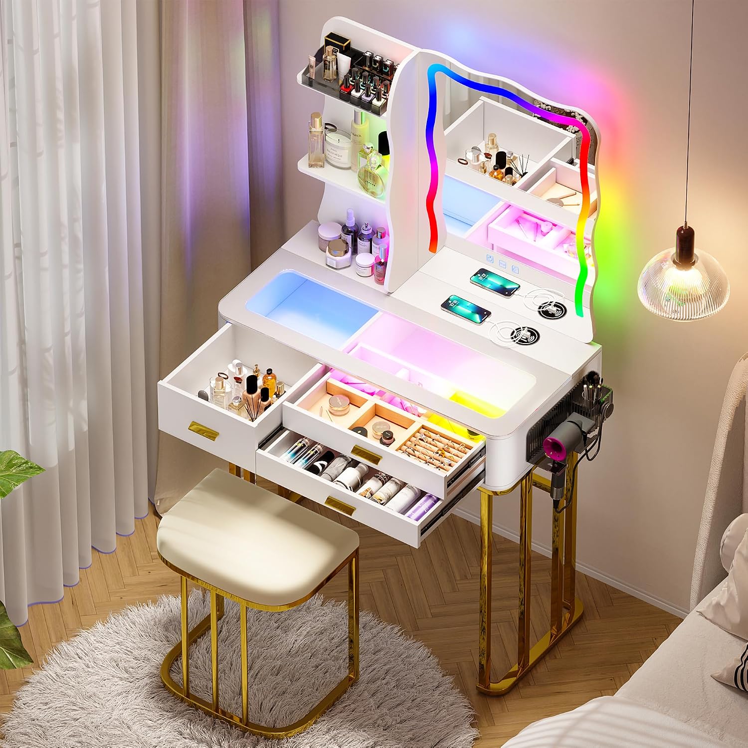 Lvifur RGB Makeup Vanity Desk with Wireless Charging Station,7 Dynamic and 7 Static Dimmable Vanity Table with Visible Glass Top,Auto Sensor Make up Vanity with Mirror and Lights,Stool (White & Gold)